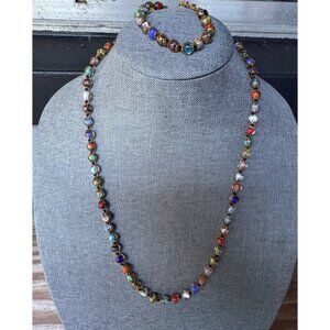 Murano Glass Multicolor Beaded Necklace  Bracelet Set With Gold Accents